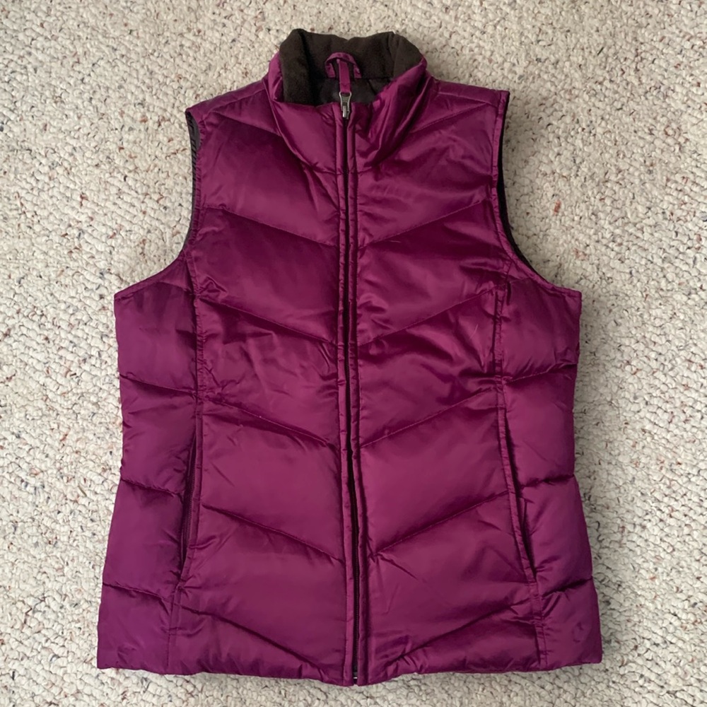 Metallic purple puffer best with dark brown lining.